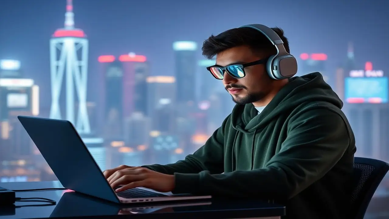 Programador, futuro brillante, mentor, ciudad neón