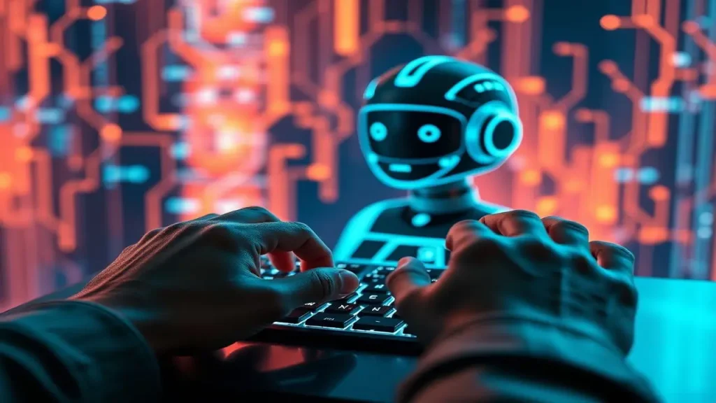 IA amigable, sin código, futurista, vibrante