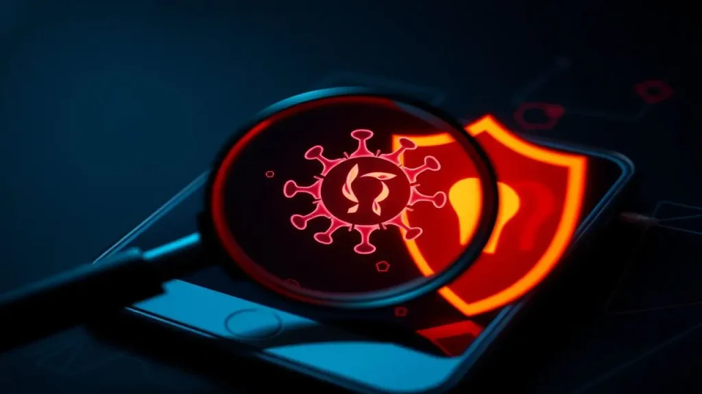 Ciberseguridad: lupa, virus y escudo digital