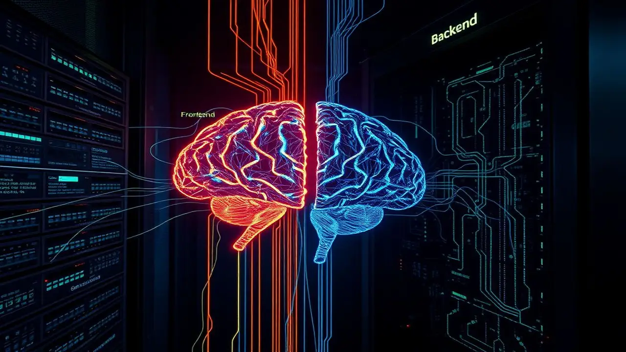 Cerebro digital ciberpunk: Frontend visible, Backend oculto