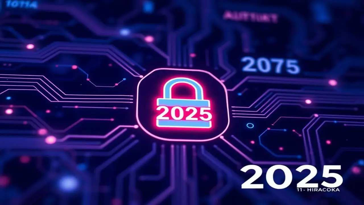 Iconos de privacidad, tecnologÃa Hiraoka/OKA 2025, azul/púrpura