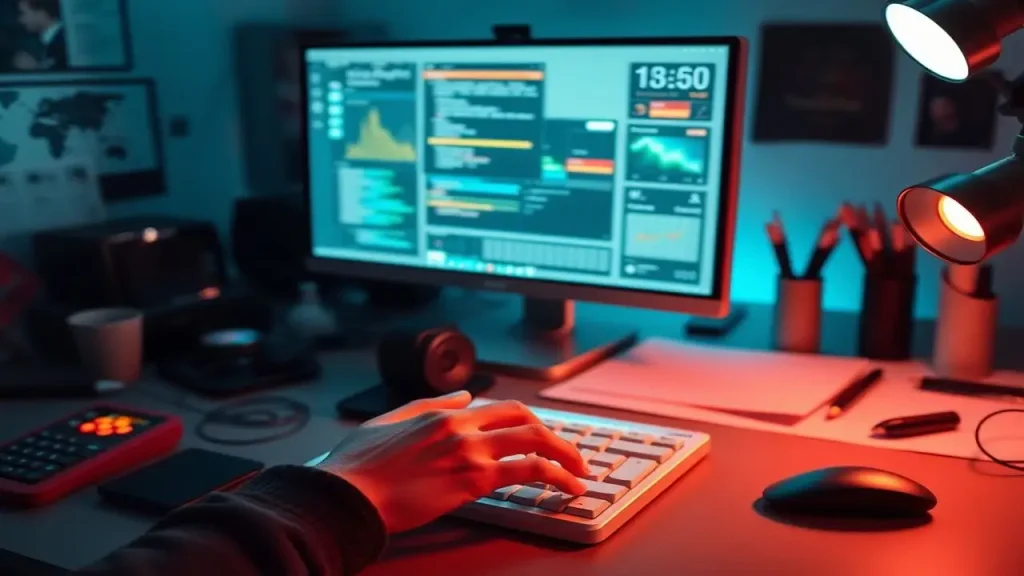 Diseñador, pantalla brillante, manos en teclado