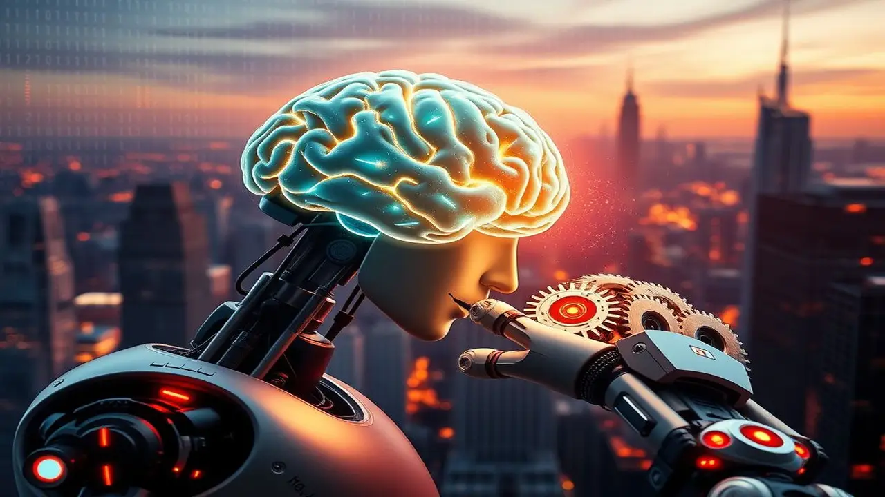 Cerebro IA, ciudad, c贸digo binario, futuro tecnol贸gico
