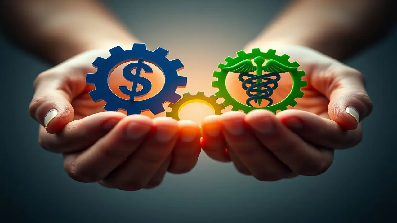 Manos entrelazan engranajes: dinero y salud