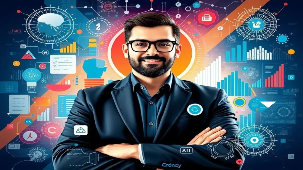 Negocios futuristas con IA colorida y productiva