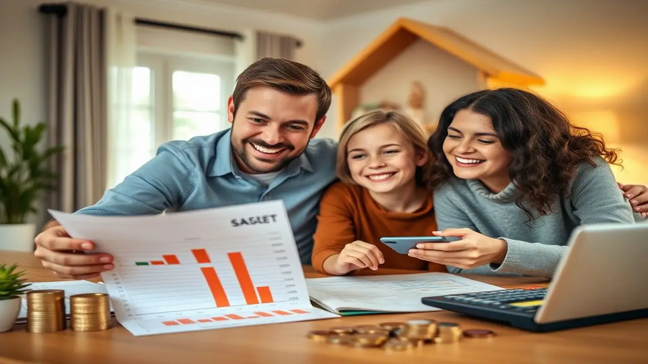 Familia feliz ahorra en casa con Excel