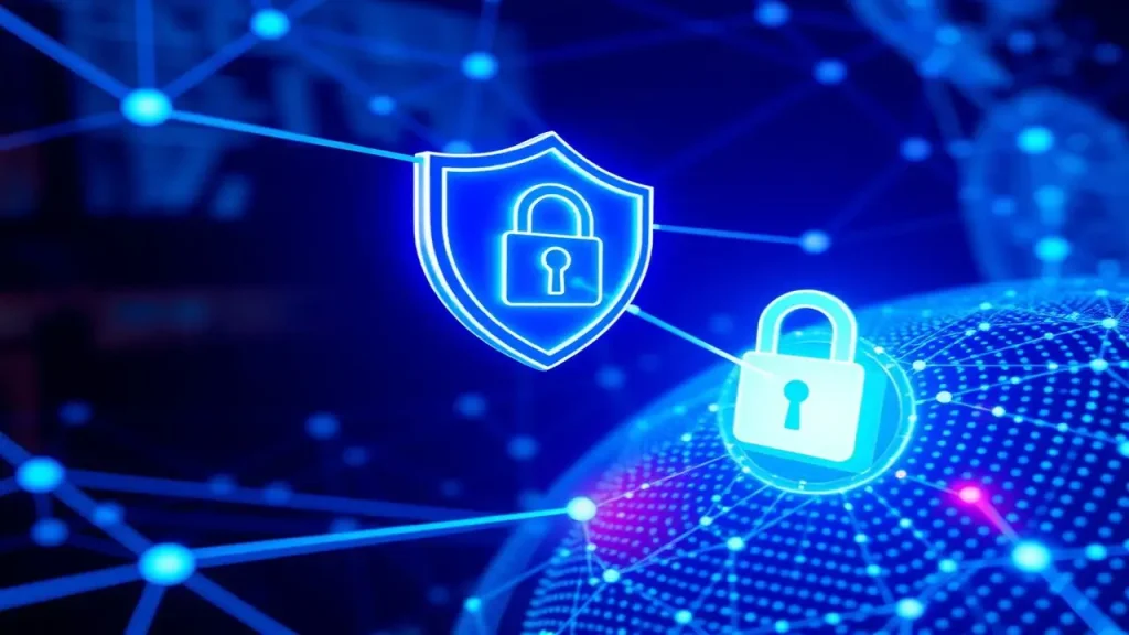 Ciberseguridad protege datos en red global futurista