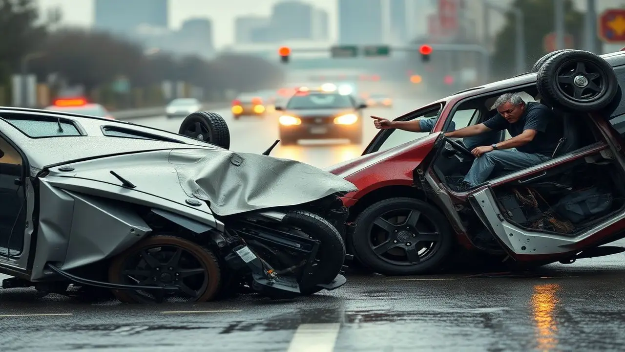 Accidente caótico en la ciudad, bajo la lluvia