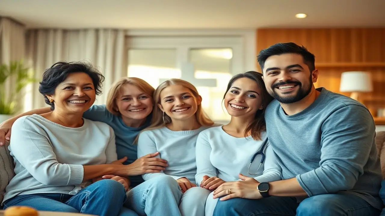 Familia feliz y sana en hogar luminoso