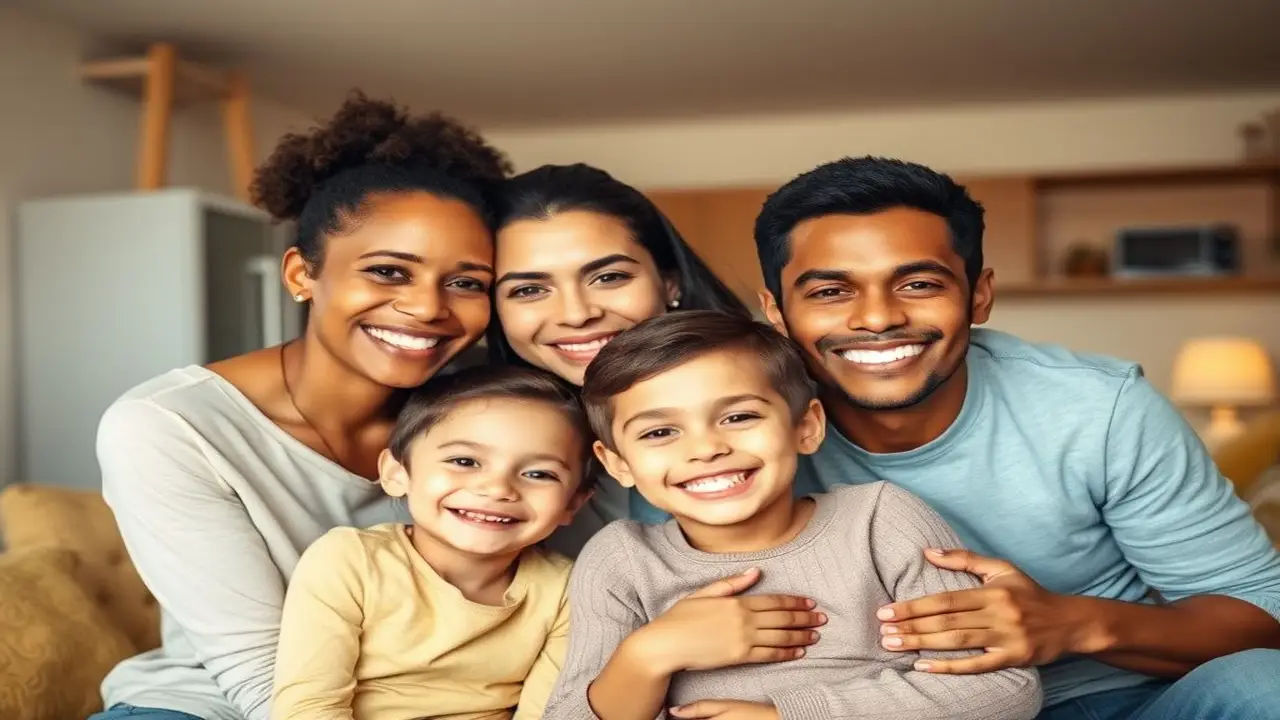 Familia feliz sonríe en hogar vibrante