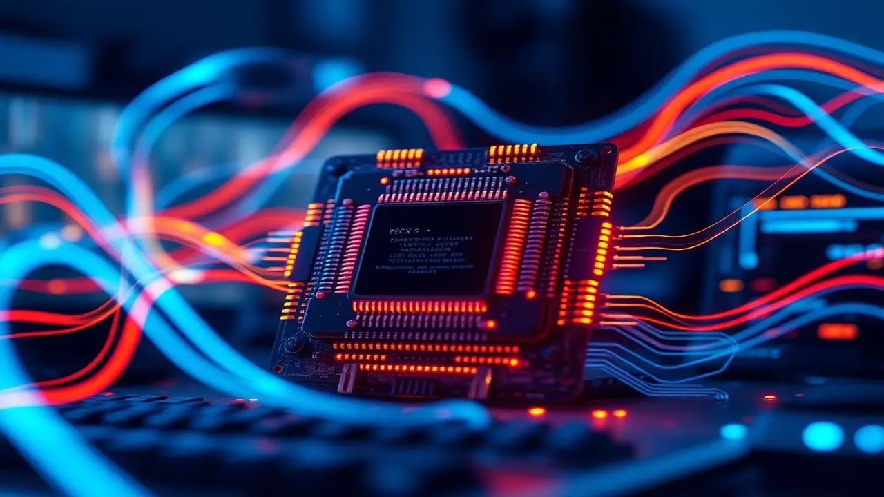 Tech futurista: chip, datos, edición; azul-naranja cinemático